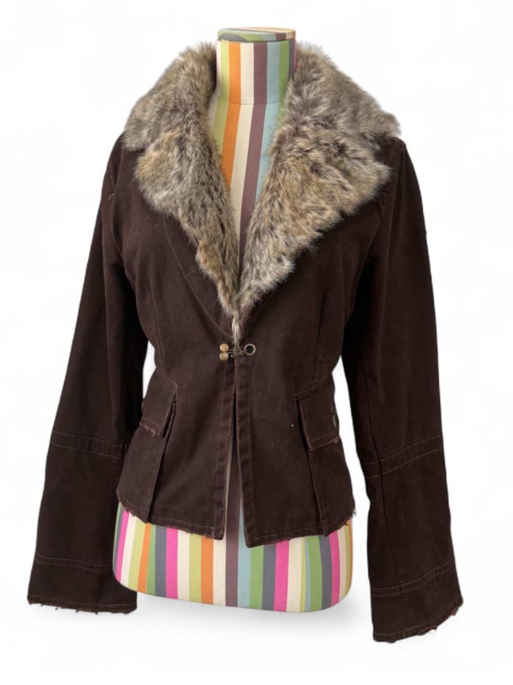 Y2K BB Dakota Faux Fur Collar Chocolate Brown Cotton Jacket Blazer
